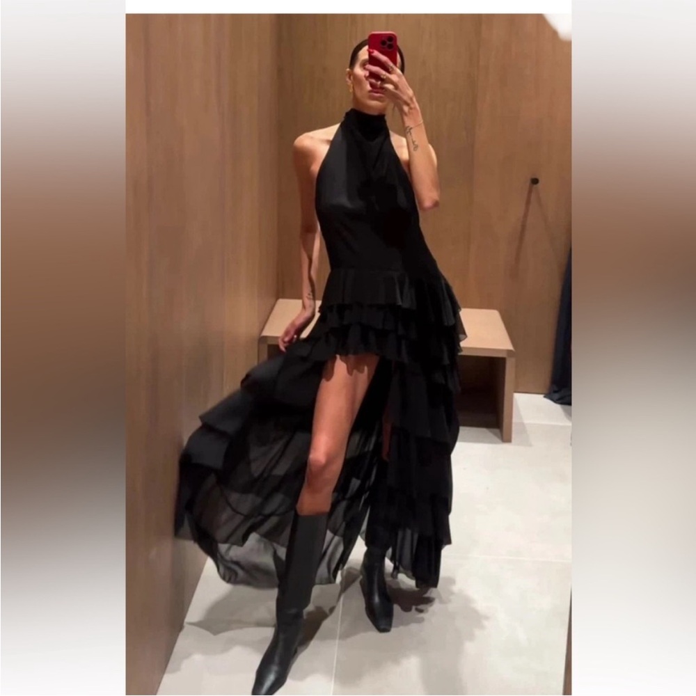 Zara Halter Ruffle Asymmetric Dress